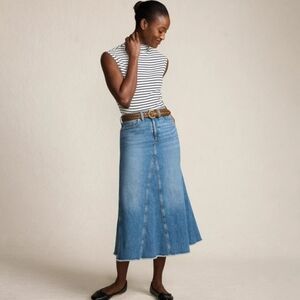 Lands End Women's Soft Denim Godet Midi Skirt Bay Blue Wash Raw Hem Size 16